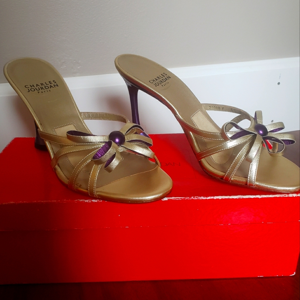 Charles Jourdan Jacinthe Gold and Purple High Heel Sandals